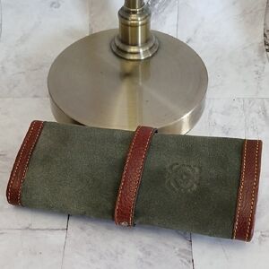 Loewe Vintage Olive Suede Roll Up Jewery Pouch with Brown Leather Trim